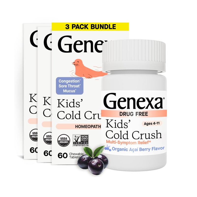 Genexa Kids Cold Crush MultiSymptom Cough Cold Relief for Children Delicious Organic Acai Berry Flavor Certified Organic NonGMO Homeopathic Remedy Made Clean 180 Chewable Tablets